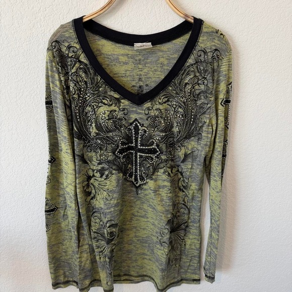 Tops - Y2K Grunge Bling Cross Graphic Long Sleeve